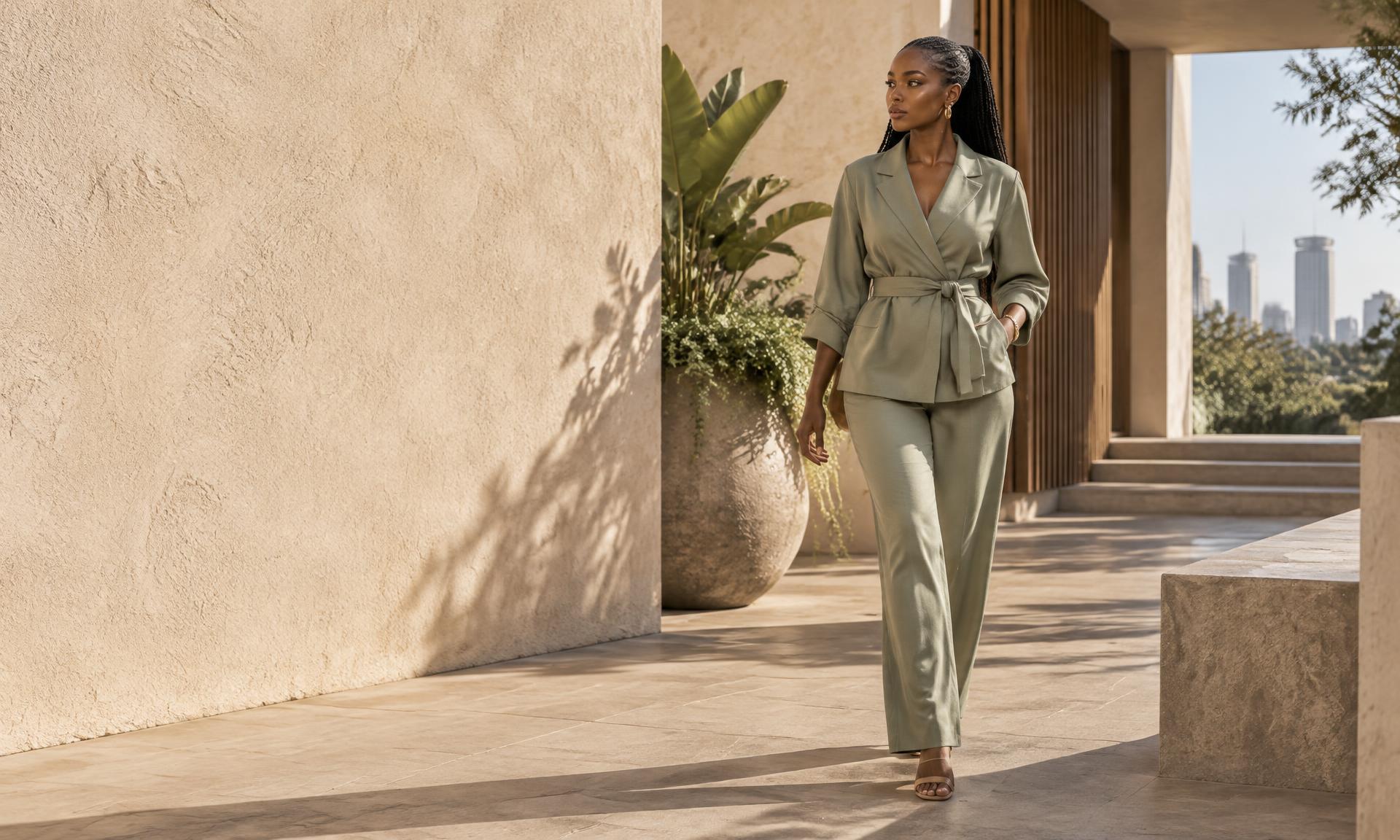 Woman in the Mara Fluid Set walking through a sunlit courtyard
